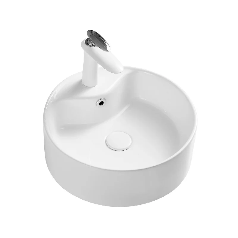 White Round Bathroom Vessel Sink with Ceramic Drain And Overflow - 16.14 in. width