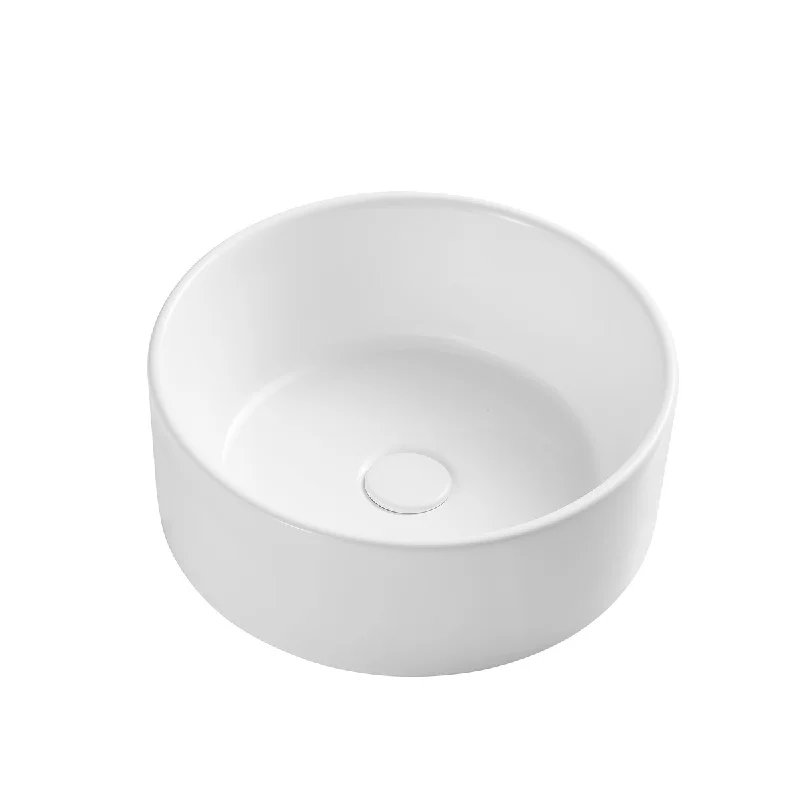 White Round Bathroom Vessel Sink with Ceramic Drain Stopper - 16.14 in. width