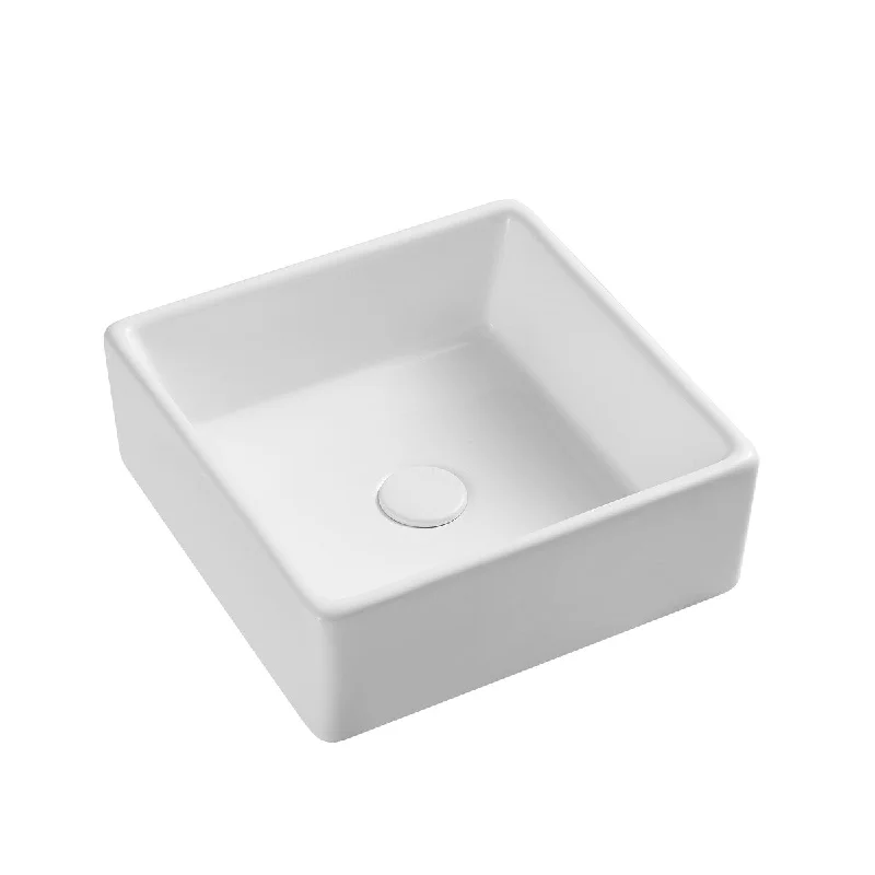 White Square Bathroom Vessel Sink with Ceramic Drain Stopper - 14.96 in. width