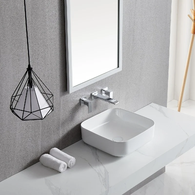 White Square Bathroom Vessel Sink with Ceramic Drain Stopper - 15.35 in. width